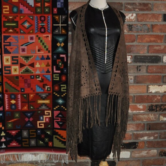 Brown Boho Faux Suede Laser Cut Hippie Fringe Vest Waistcoat Festival Unisex O/S - Picture 6 of 9